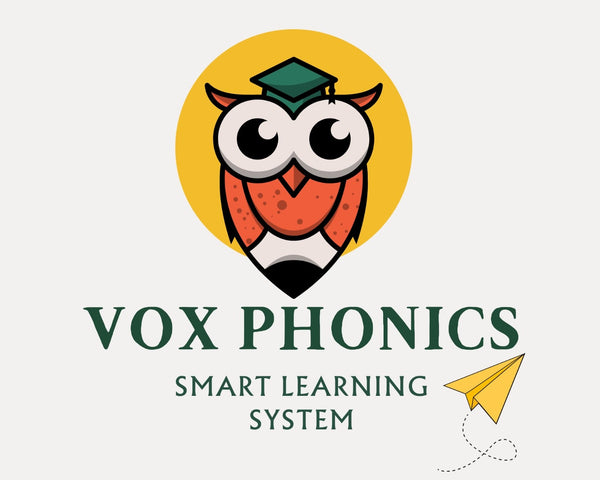 Logo of Vox Phonics smart learning system with an owl wearing a graduation cap on a yellow circle background.